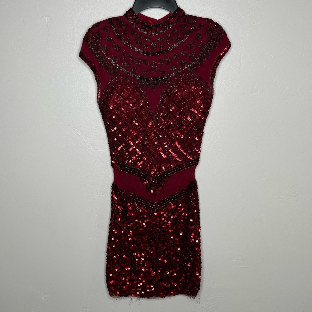 Primavera Couture Dark Red Sequin Beaded Mini Cocktail Mesh Dress